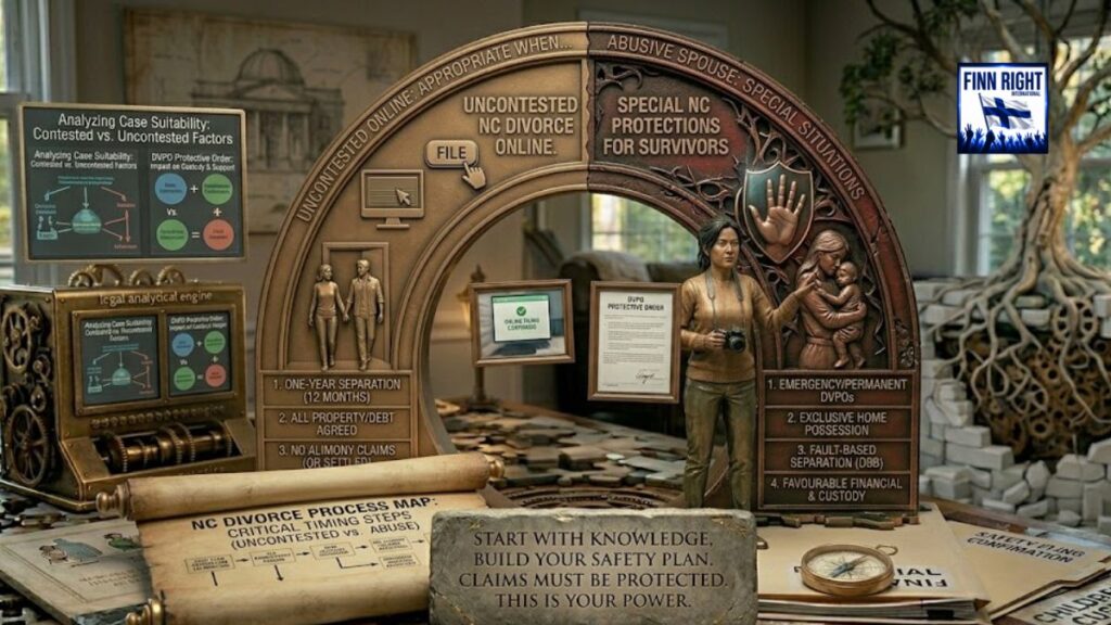 The Wrought-Iron Arch: The right side of the arch transitions into a dark, heavily textured, thorny wrought-iron pattern labeled "ABUSIVE SPOUSE: SPECIAL SITUATIONS" and "SPECIAL NC PROTECTIONS FOR SURVIVORS". It features an embossed shield icon containing a raised hand ("Stop" gesture).