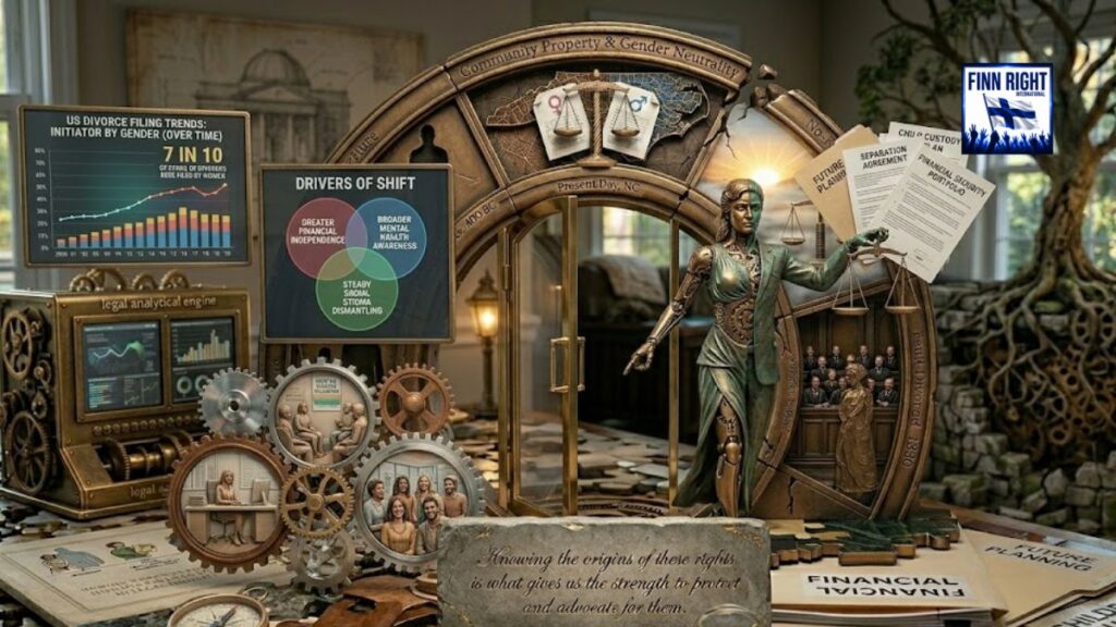 An intricate tableau scene focusing on modern divorce trends. The split bronze figure of Justice now holds up documents labeled "FINANCIAL SECURITY PORTFOLIO" and "SEPARATION AGREEMENT". On the left, two new graphic displays are mounted next to the analytical engine: a data chart titled "US DIVORCE FILING TRENDS: 7 IN 10" and a Venn diagram showing drivers like "GREATER FINANCIAL INDEPENDENCE" and "MENTAL HEALTH AWARENESS".