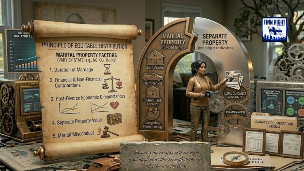 An intricate tableau illustrating "Equitable Distribution" rights. On the left, a large ancient scroll details factors like "Duration of Marriage" and "Non-Financial Contributions". The center features a bronze archway split into "Marital Property" (joint assets like homes and cars) and "Separate Property" (not divided). A central bronze female figure holds a photograph, representing evidence collection. To the right, folders labeled "SARAH'S DOCUMENTATION EVIDENCE" and legal documents emphasize the importance of professional guidance. The brass "legal analytical engine" displays charts on "Commingling" and "Financial vs. Non-Financial Contributions." The foreground contains a compass and the central stone tablet with the familiar quote about protecting rights through knowledge.