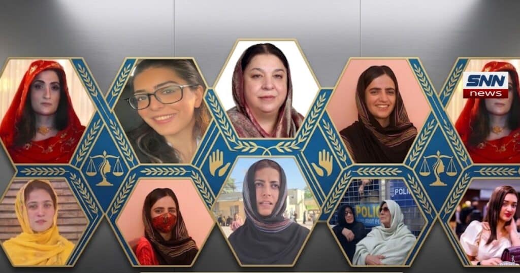 Infographic mosaic featuring women human rights defenders and political activists in Pakistan highlighting advocacy and judicial fairness.